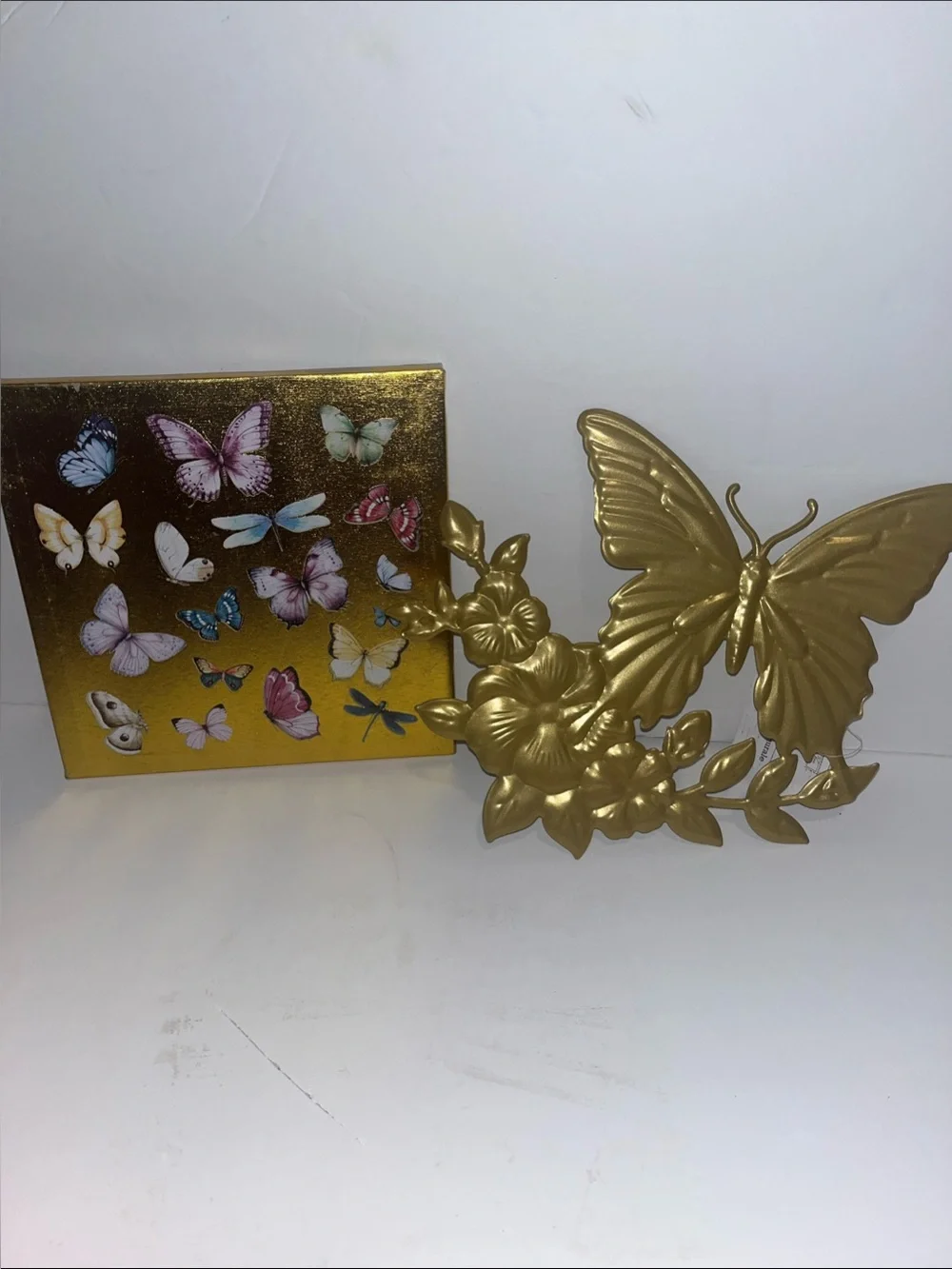 Gold Butterfly /Dragonfly Wall Art Decor Set -metal plaque & canvas Art-
